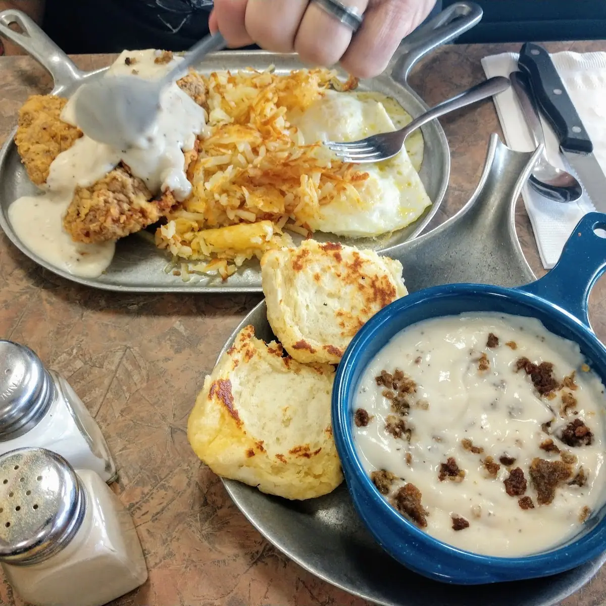 Chicken-Fried Steak & Eggs with Biscuits and Gravy