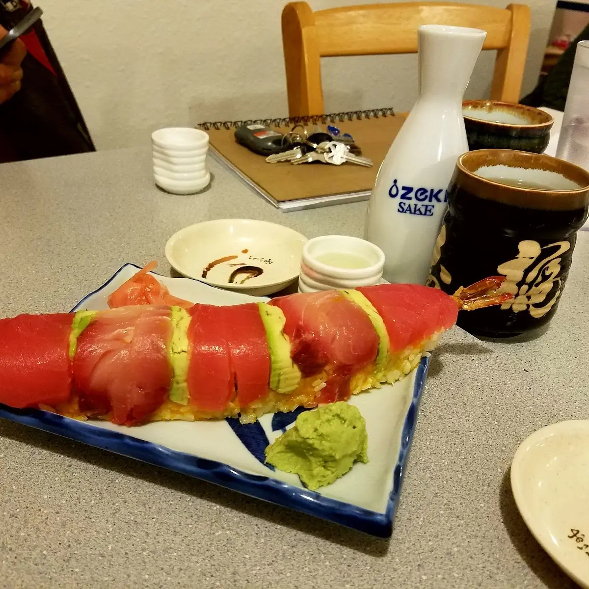 Rainbow Roll Hot Green Tea and Sake