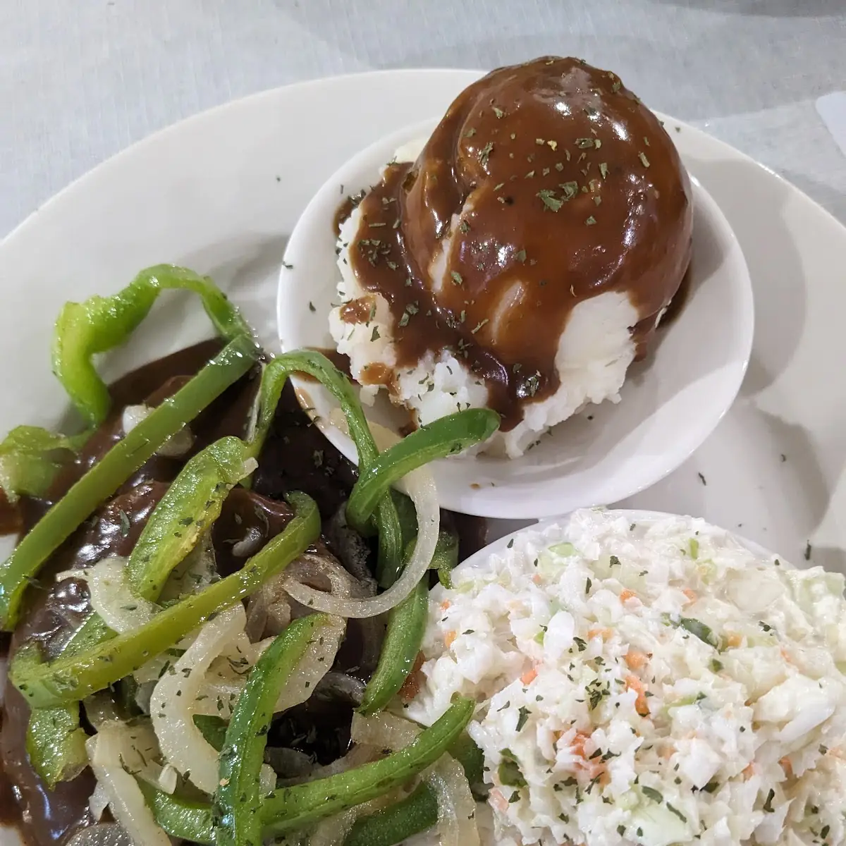Chopped Steak with Mashed Potatoes and Slaw