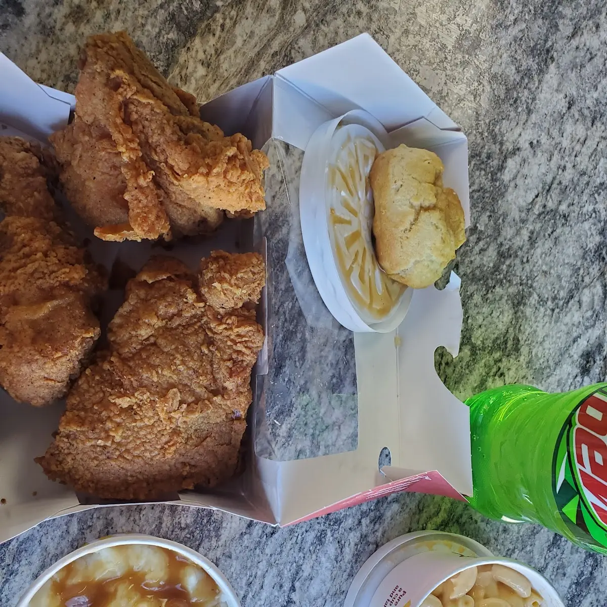 Fried Chicken Dinner Dark Meat Mashed Potatoes and Mac and Cheese