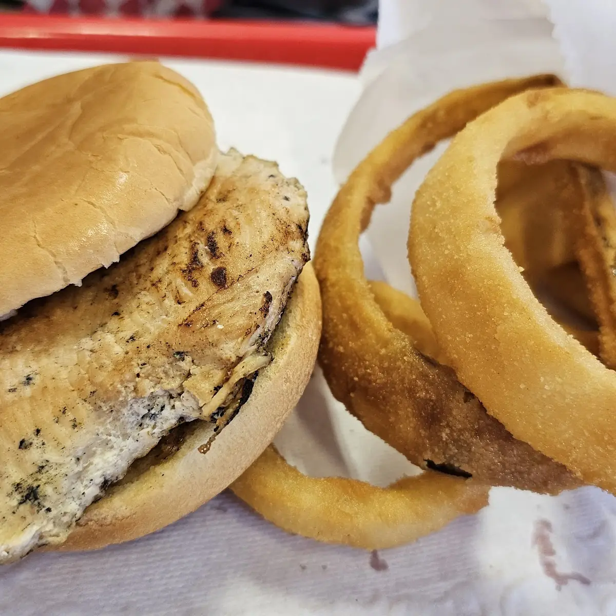 Grilled Chicken Burger with Onion Rings