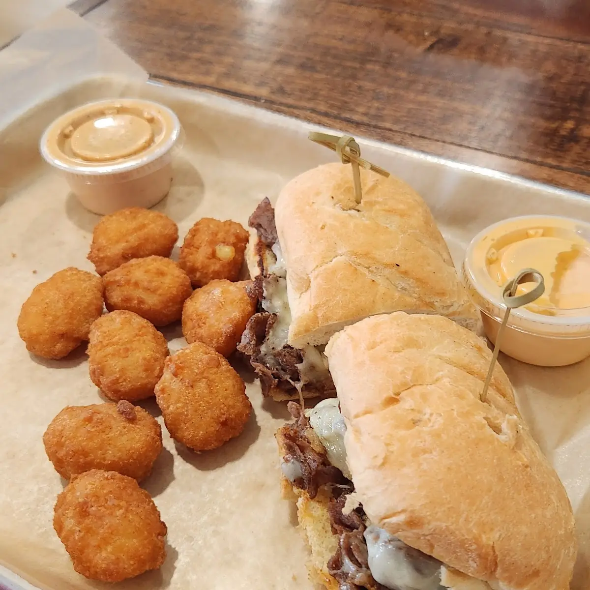 Philly Cheese Steak Sandwich with Corn Nuggets