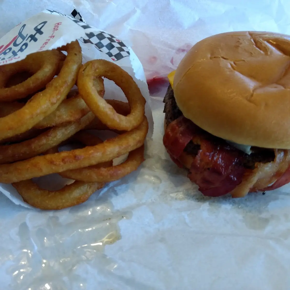 Bacon Cheese Burger and Onion Rings