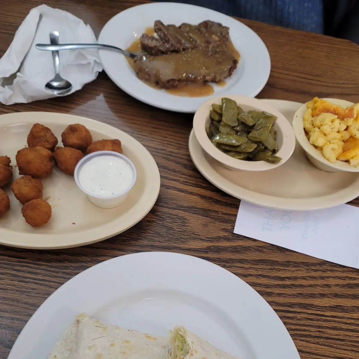 Salisbury Steak Chicken Wrap and Fried Mushrooms