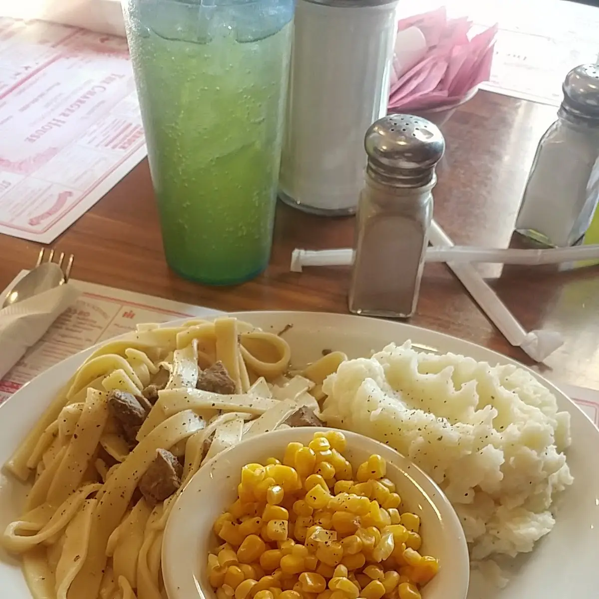 Beef and Noodles Mashed Potatoes and Corn