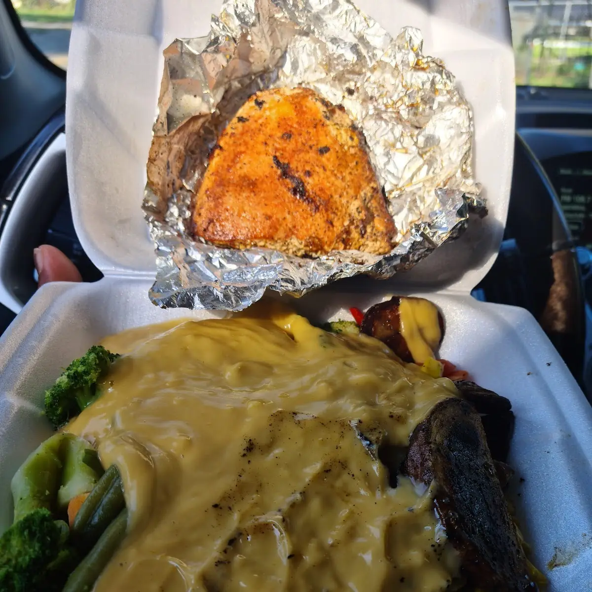 Salmon with Mixed Vegetables Topped with Nacho Cheese