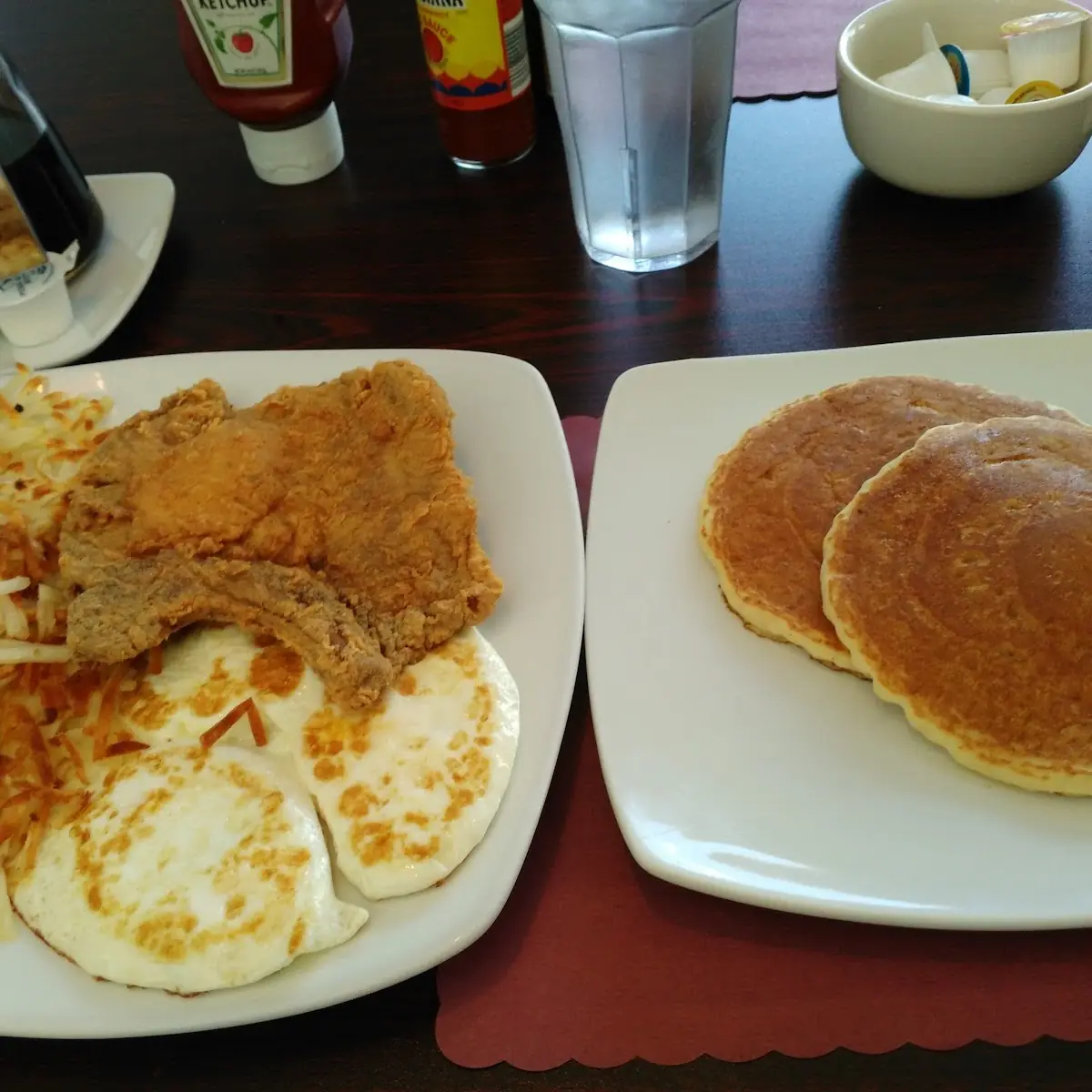 Fried Pork Chop Hash Browns Eggs & Pancakes