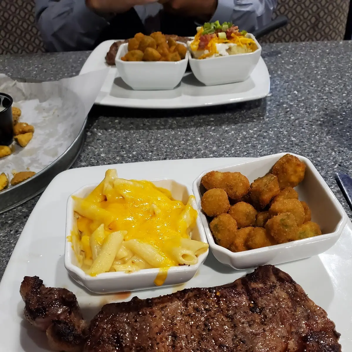 Ribeye Steak with Mac N Cheese and Okra