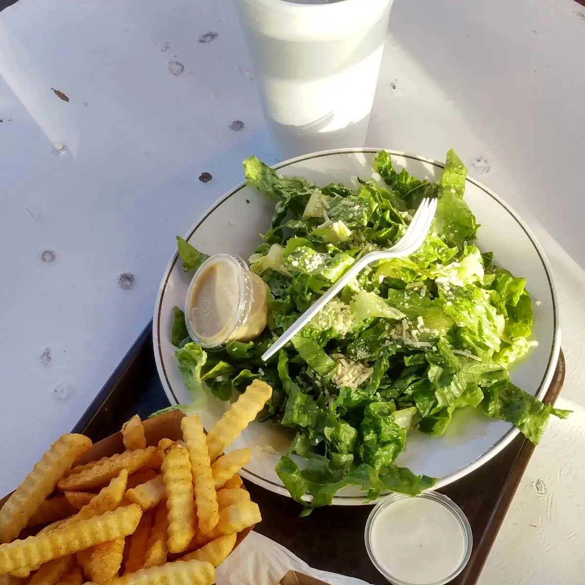 Fries Fried Zucchini Veggie Caesar Salad Soda
