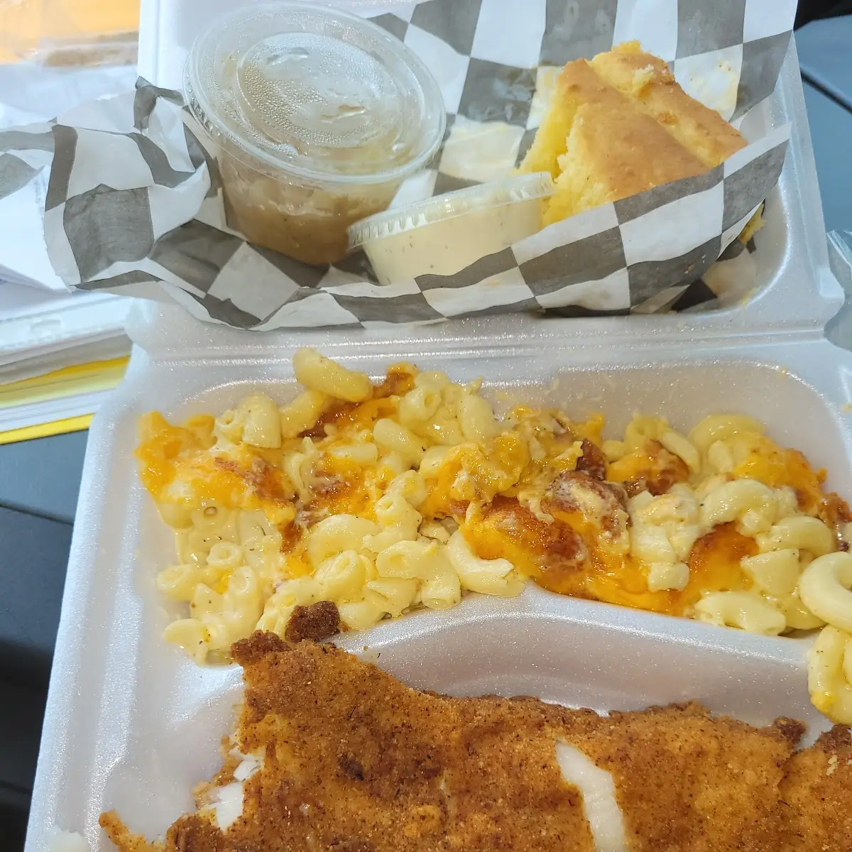 Fried Catfish Macaroni and Cheese and Cabbage