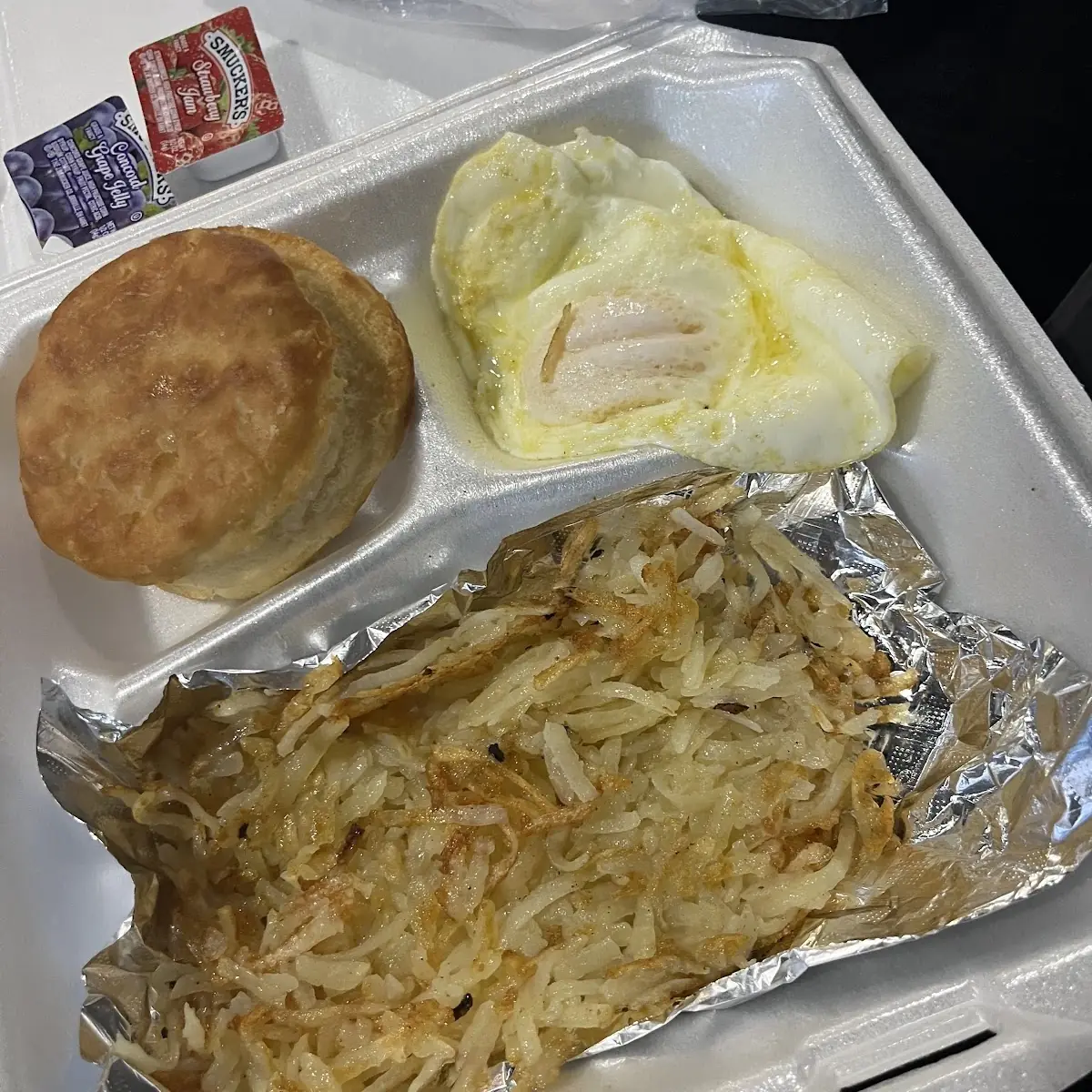 Cheese Omelette with Hash Browns and Biscuit