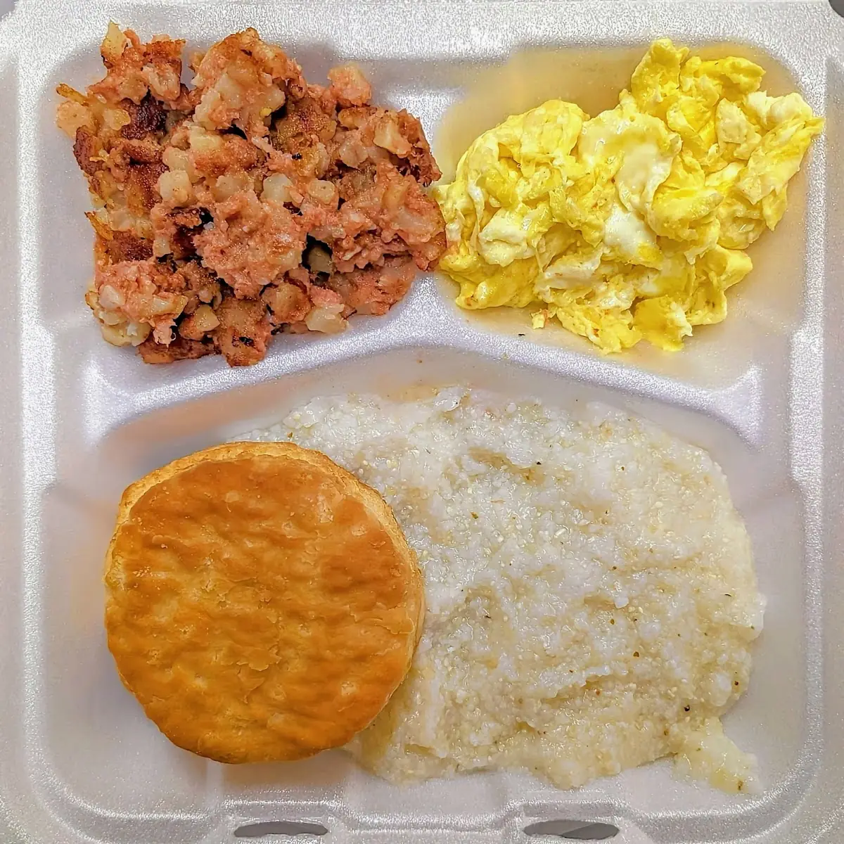 Scrambled Eggs Grits and Biscuit