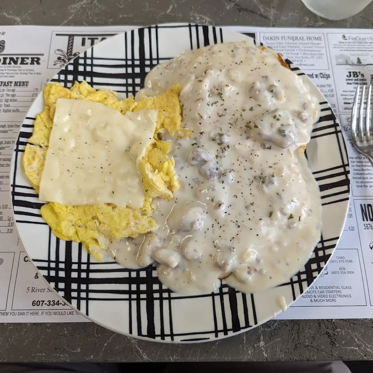 Scrambled Eggs with Cheese Sausage Biscuits and Gravy