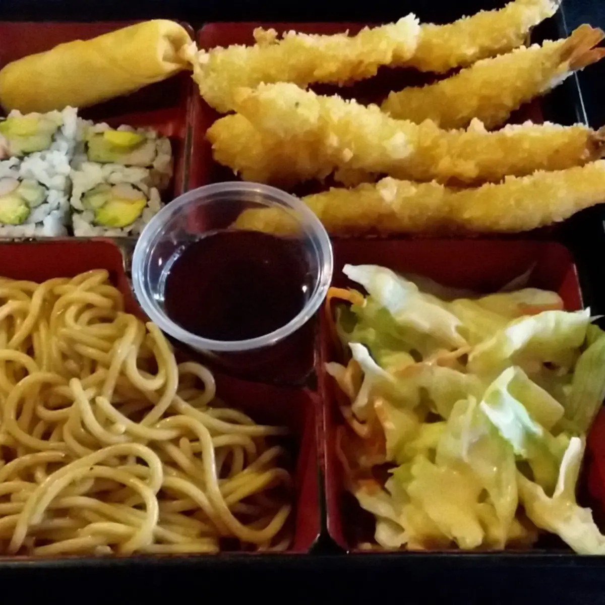 Tempura Shrimp Bento Box with Noodles Substituted for Rice