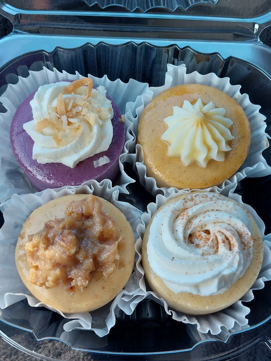 4 Pack Mini Cheesecakes Clockwise from Top Left Ube Sweet Potato & Pumpkin Spiced Pear Pecan