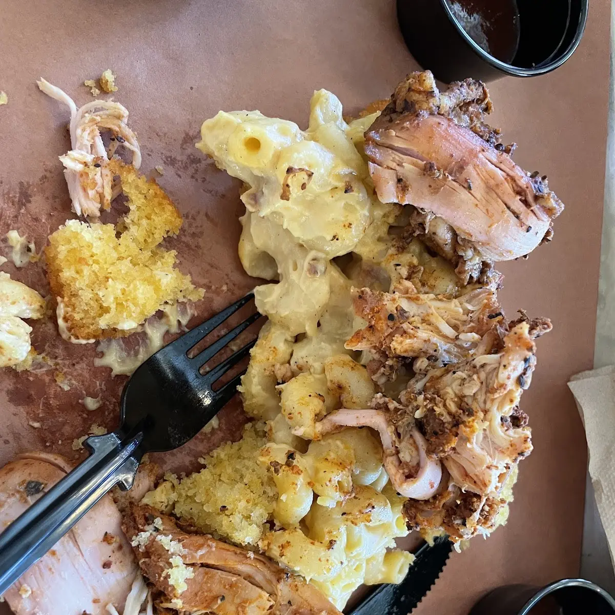Bear Attack Pulled Chicken with Mac N Cheese and Cornbread