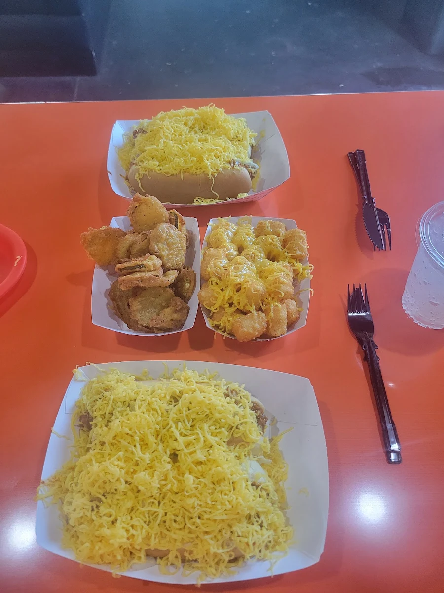 Double Coney Cheese Tots and Fried Pickles