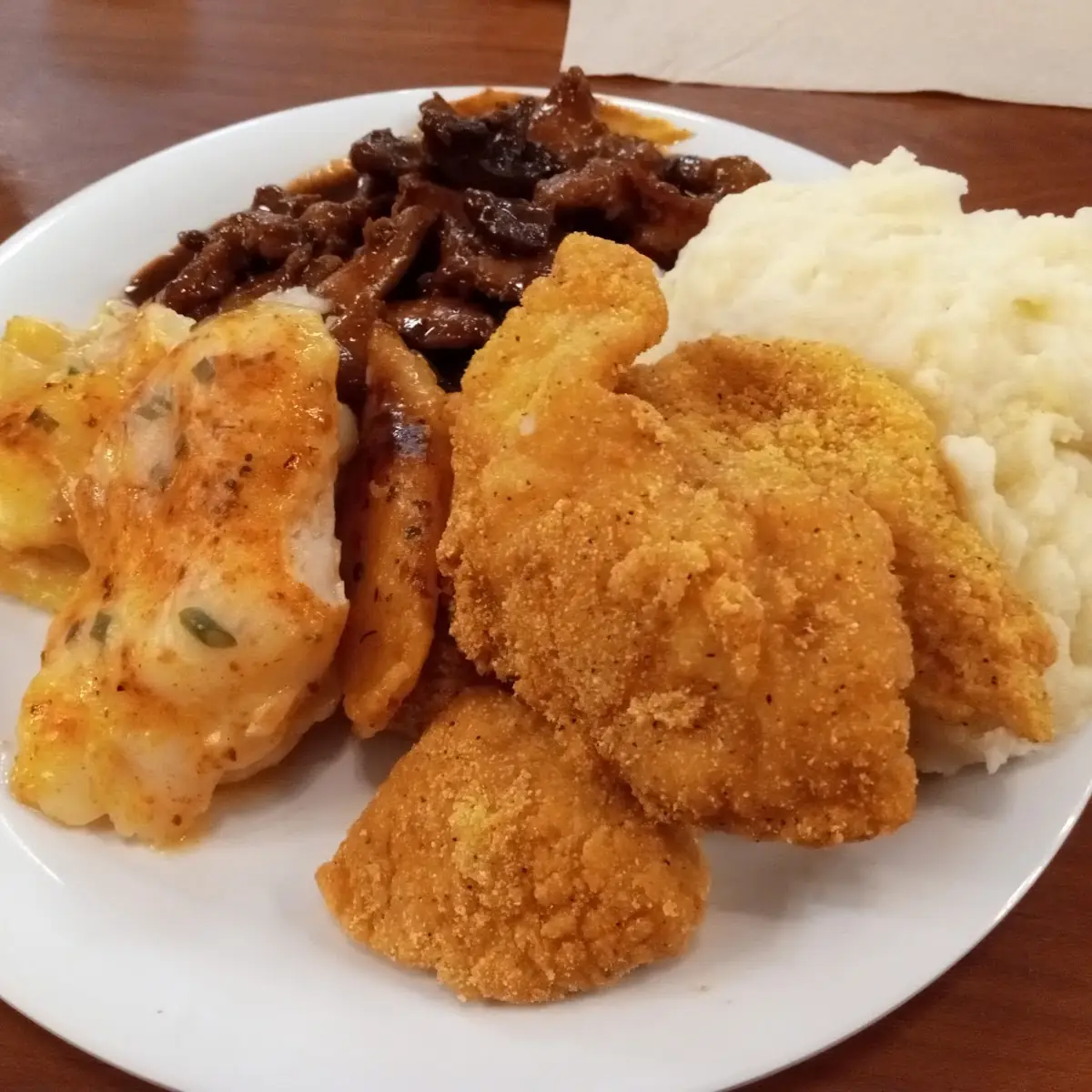 Fried Fish Mashed Taters and Pulled Pork