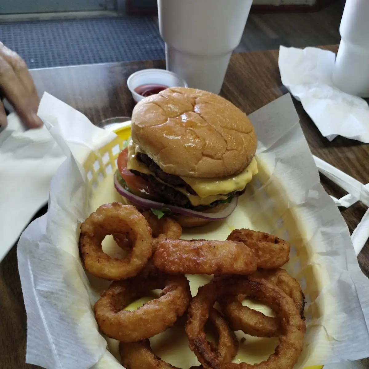 Bacon Cheeseburger and Onion Rings