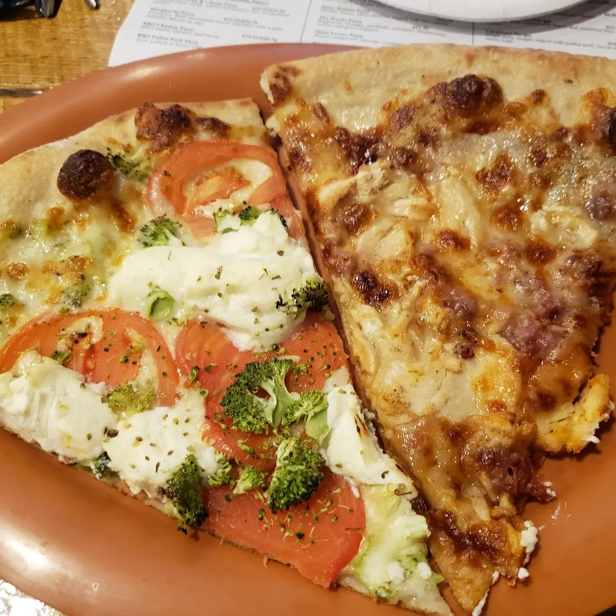 Pizza by the Slice Broccoli Tomato and Ricotta Pizza and BBQ Chicken Bacon Pizza