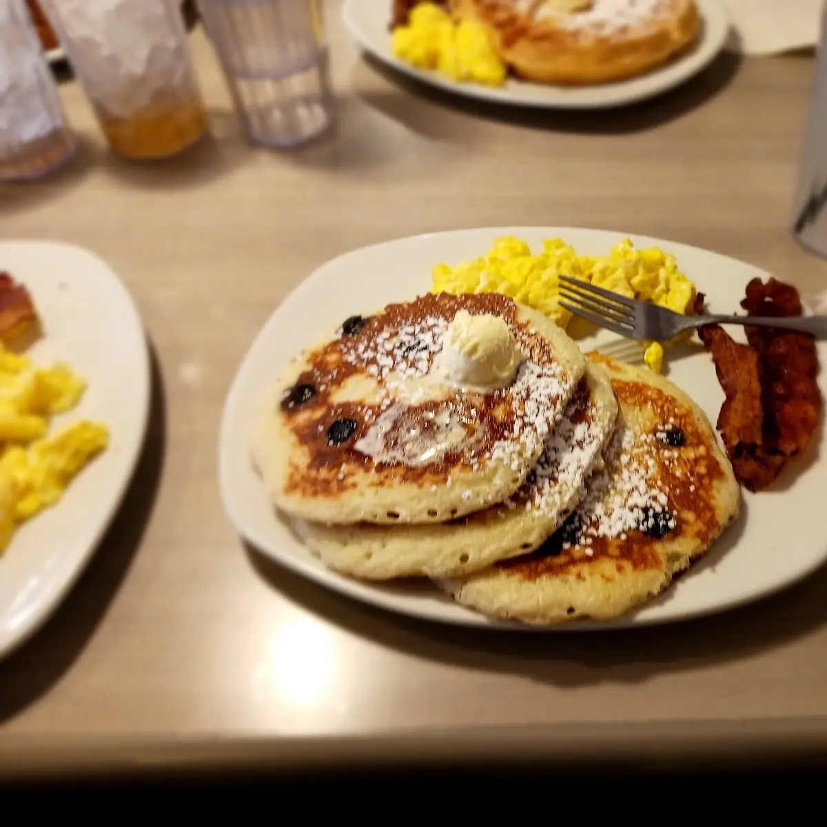 Blueberry Pancakes with Eggs and Bacon