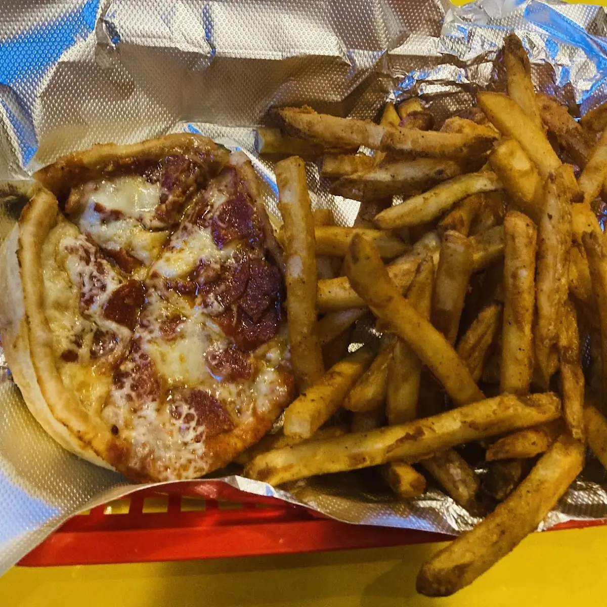 Pizza and Fries with Cheese Dip