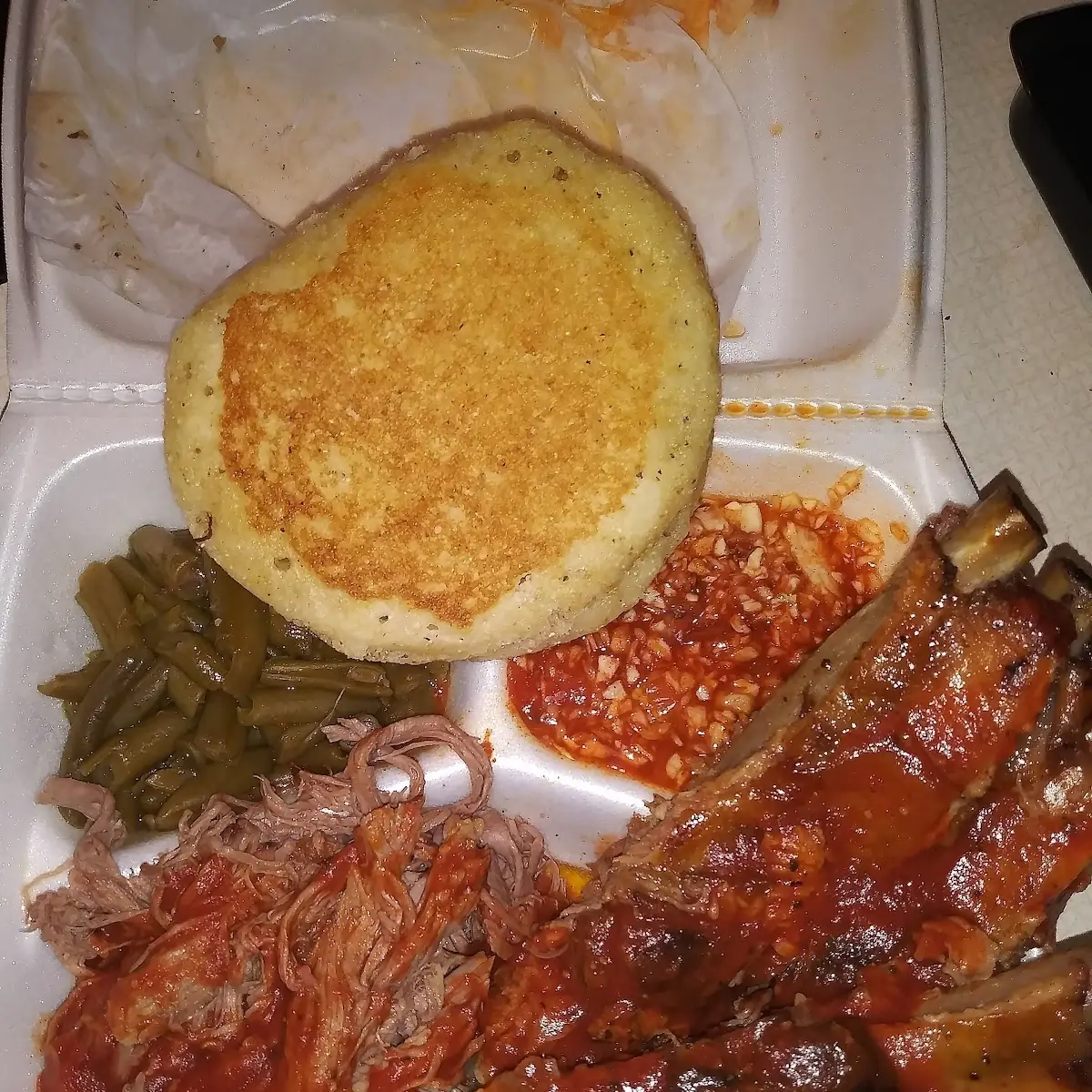 Mutton & Ribs with Cornbread Green Beans and Hot Slaw