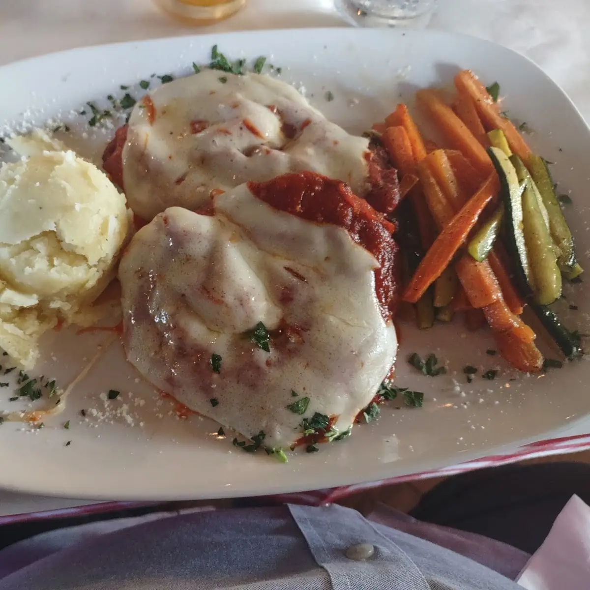 Chicken Parm with Cold Mash and Veg