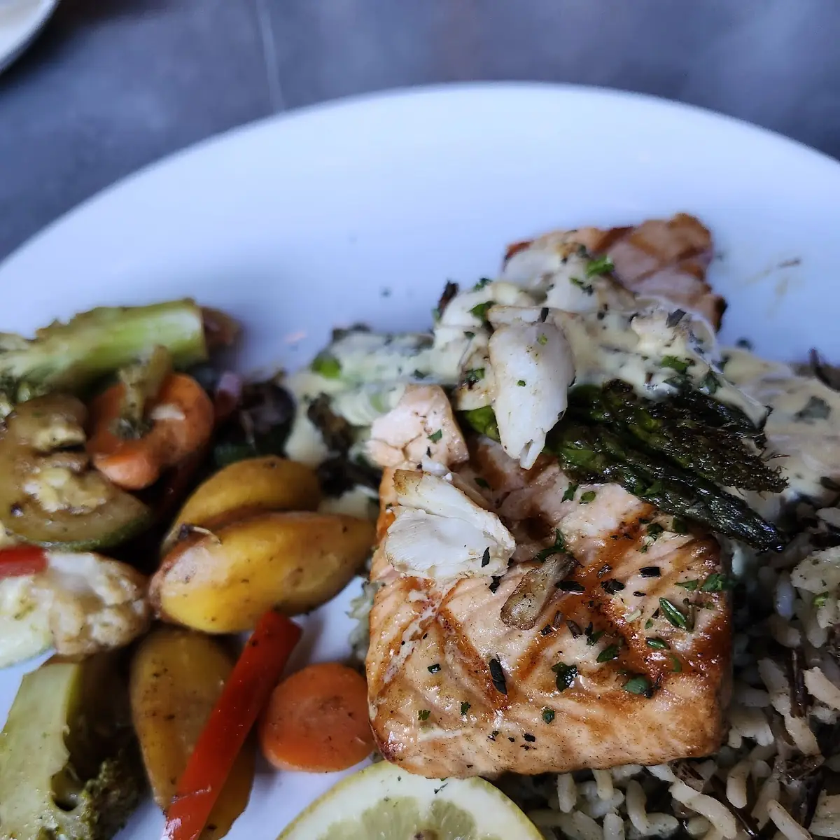 Salmon Oscar on Wild Rice with Roasted Vegetables