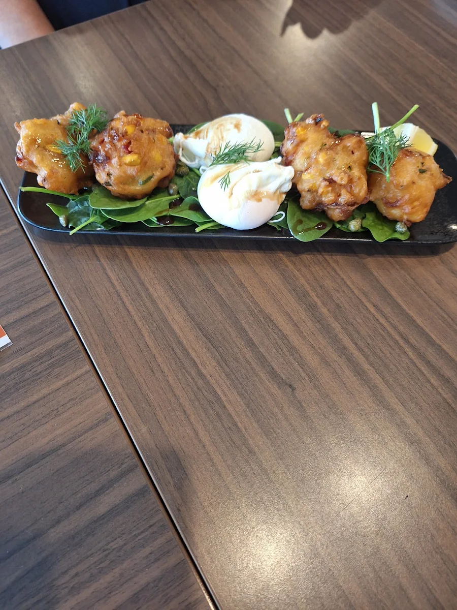 Salmon w Corn Fritters, Victoria Elixir Coffee Roasters