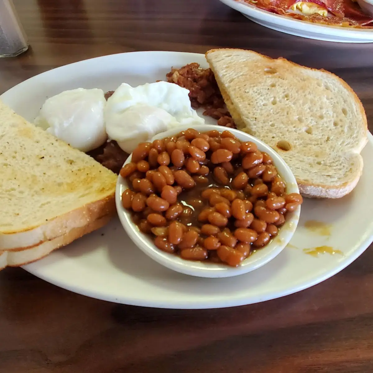 Corned Beef Hash with Poached Eggs and Baked Beans
