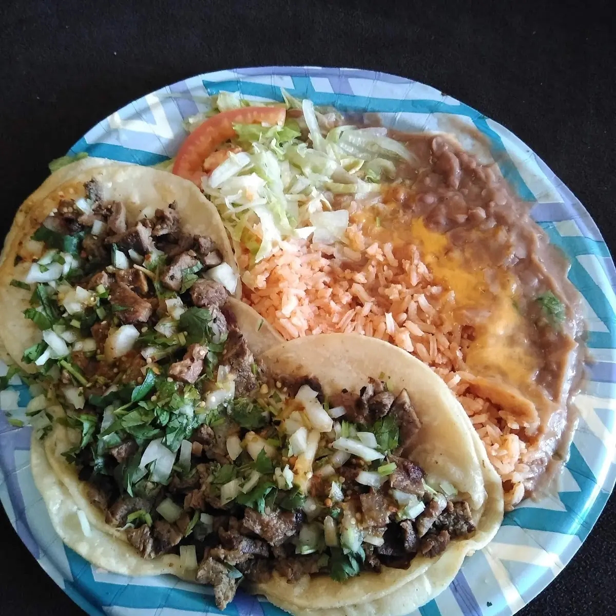 Carne Asada Tacos with Rice and Beans