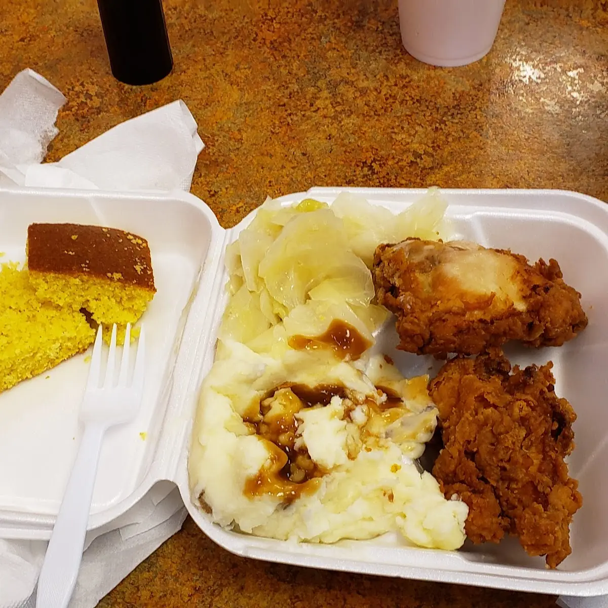 Fried Chicken Smothered Cabbage and Mashed Potatoes