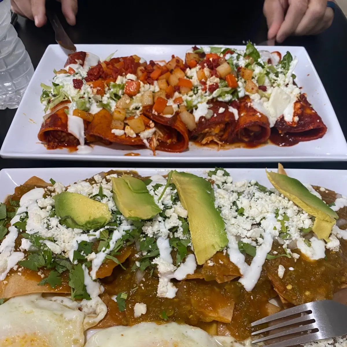 Chilaquiles with Fried Eggs and Refried Beans