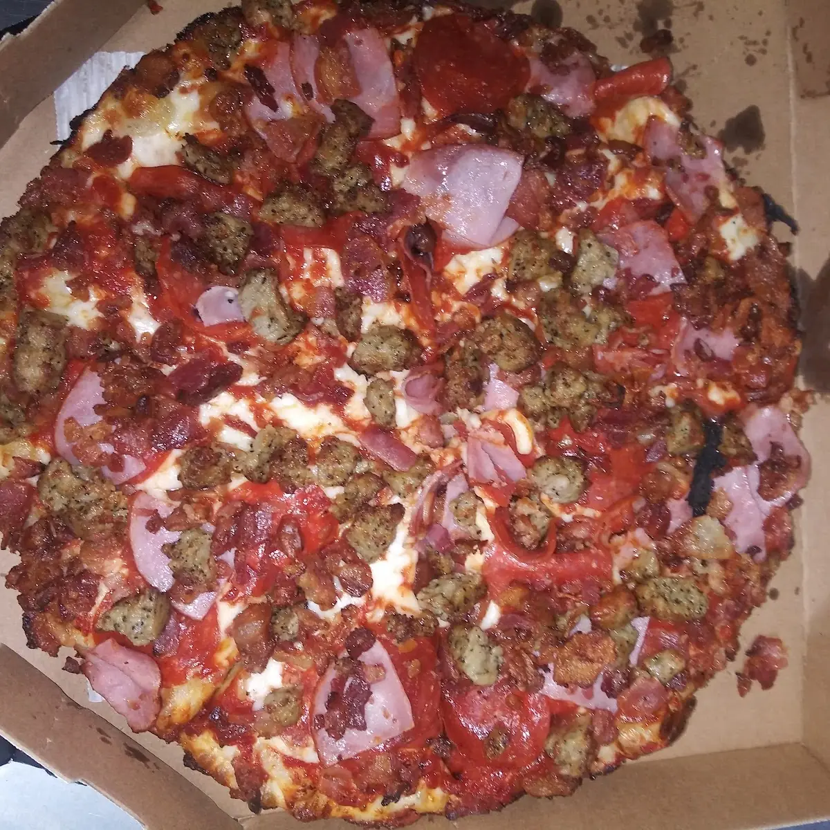 Thin Crust Pizza Pepperoni Sausage Bacon Ham Salami Beef All the Meat