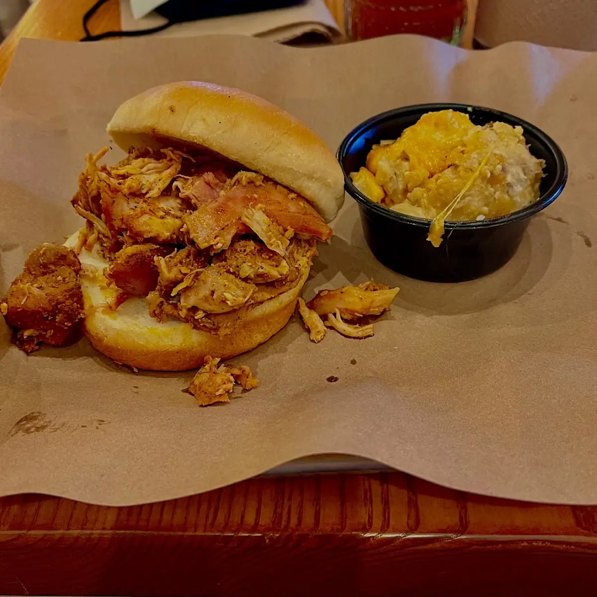 Pulled Chicken Sandwich w Cheesy Potatoes
