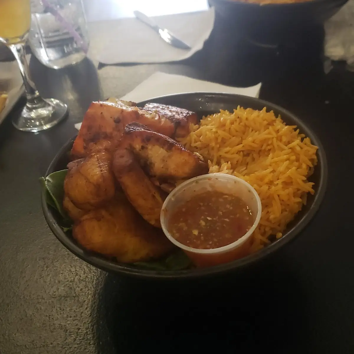 Spicy Ginger Teriyaki Salmon Thai Basil Fried Rice and Plaintains