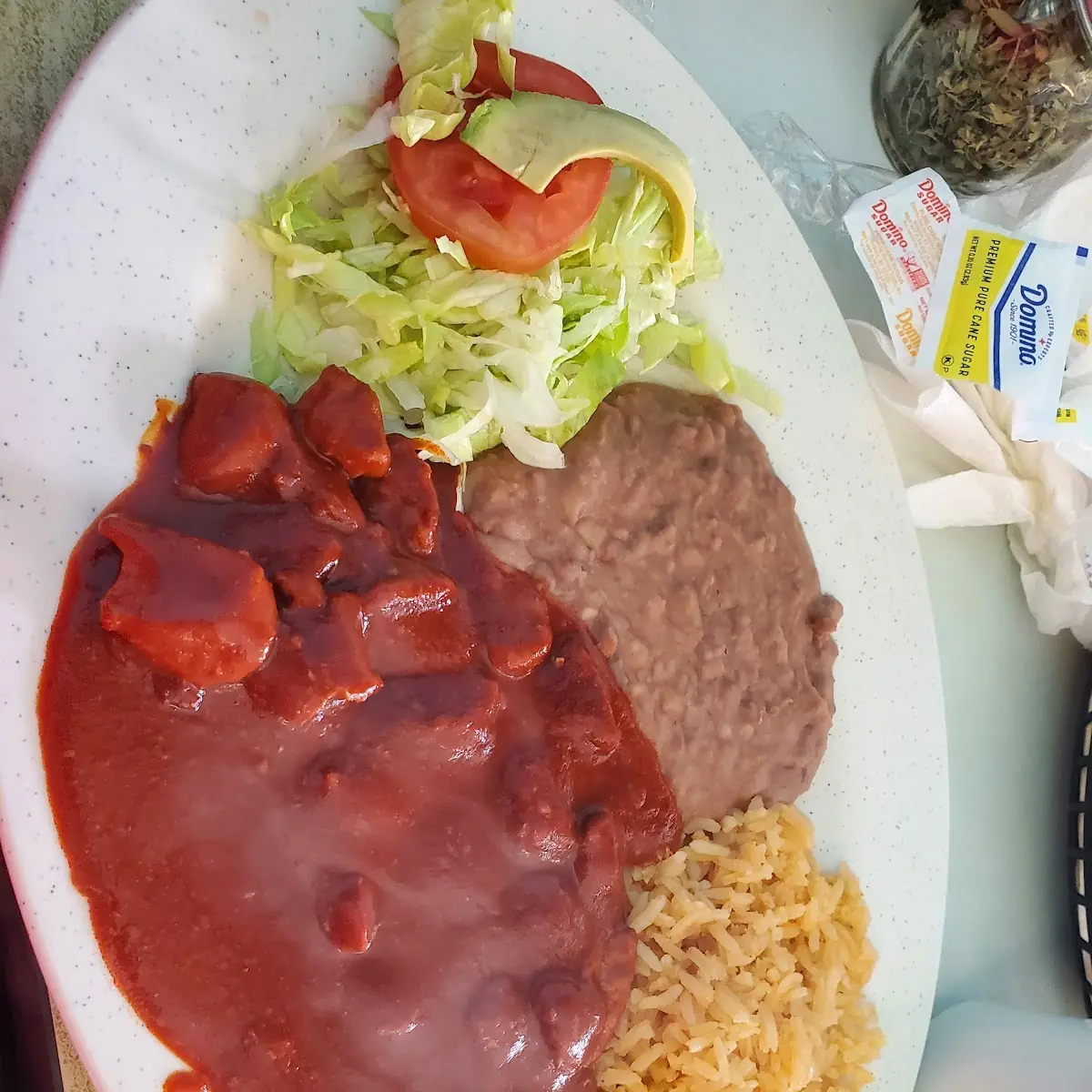 Chili Meat Rice and Refried Beans