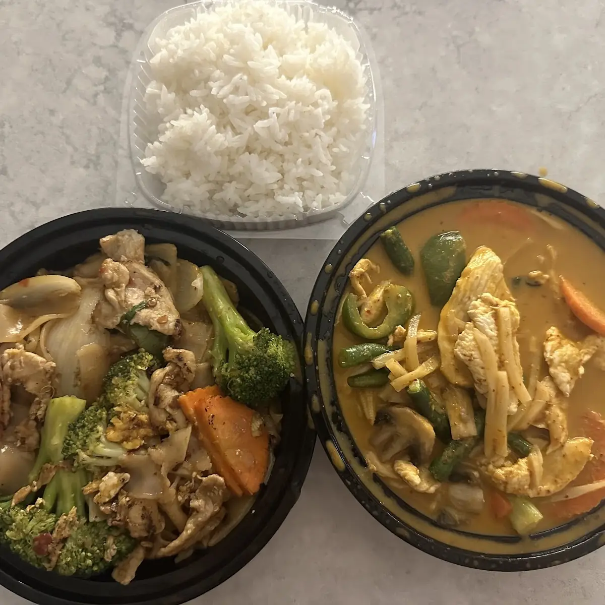 Pork Drunken Noodle & Red Curry Chicken