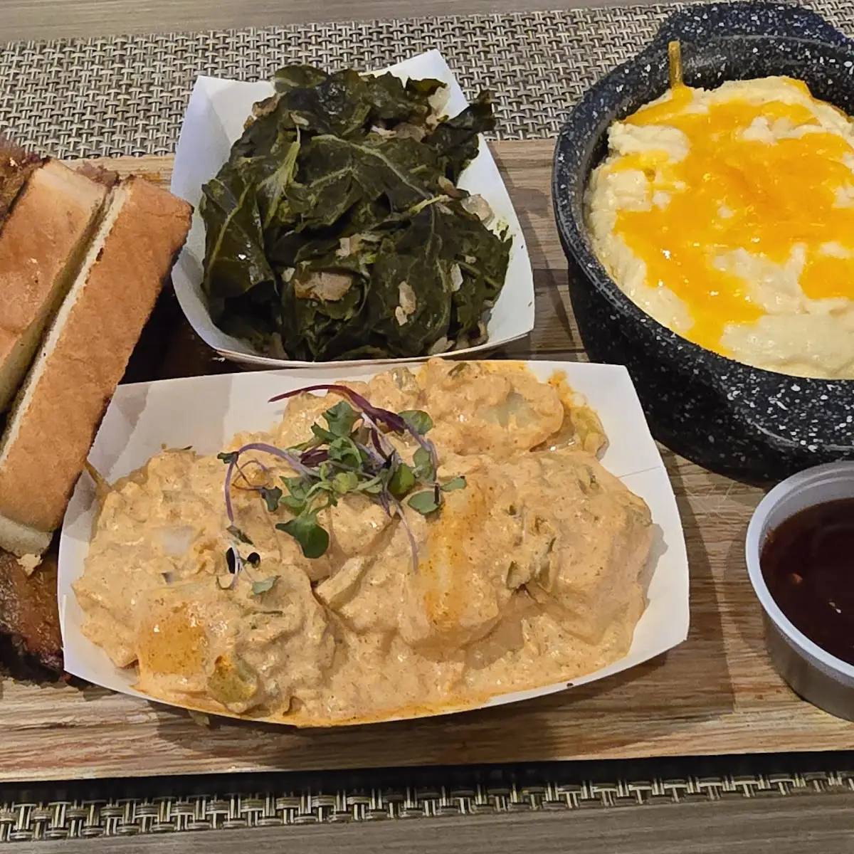 Sliced Brisket with Potato Salad and Collard Greens