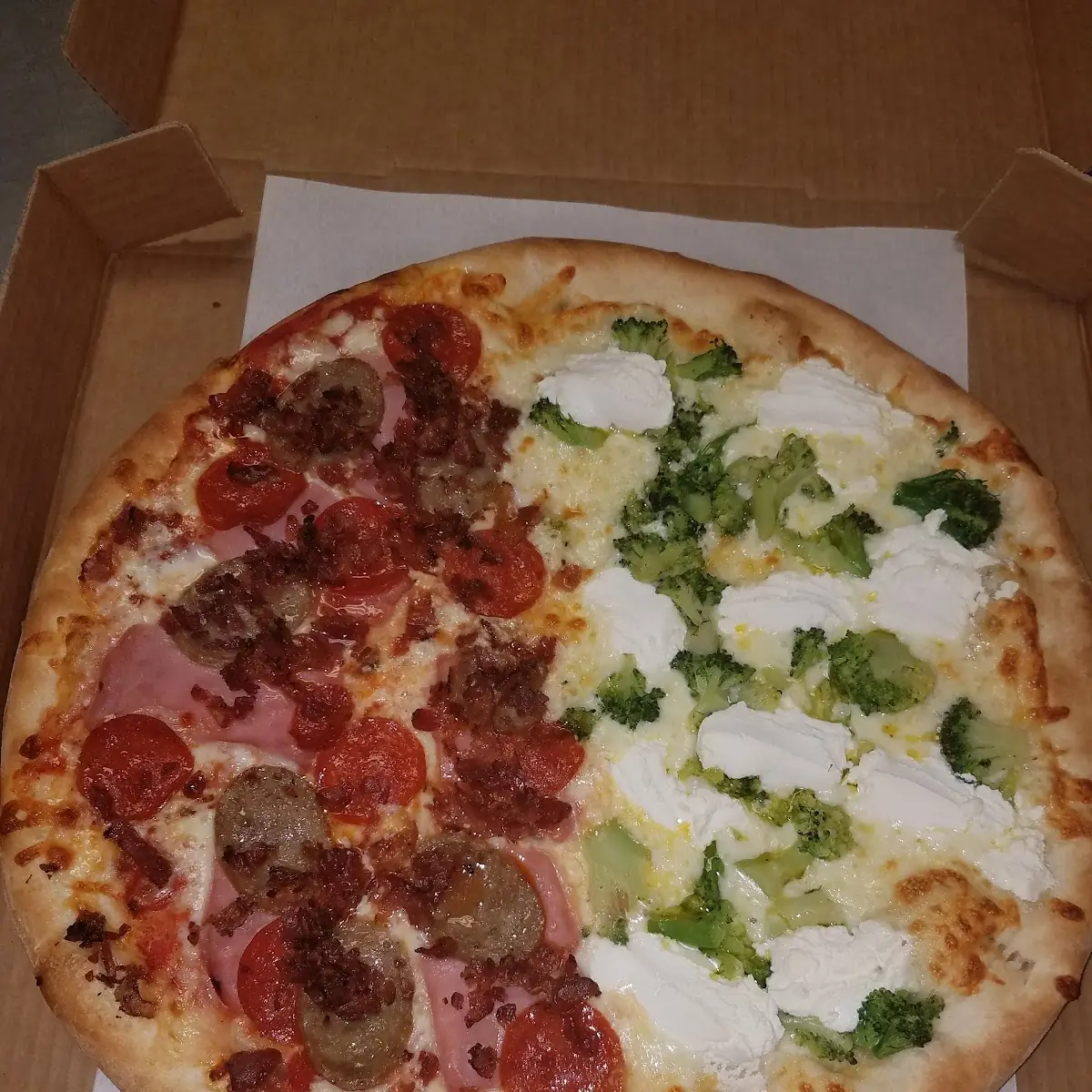 NY White Pizza and Meat Lovers Pizza