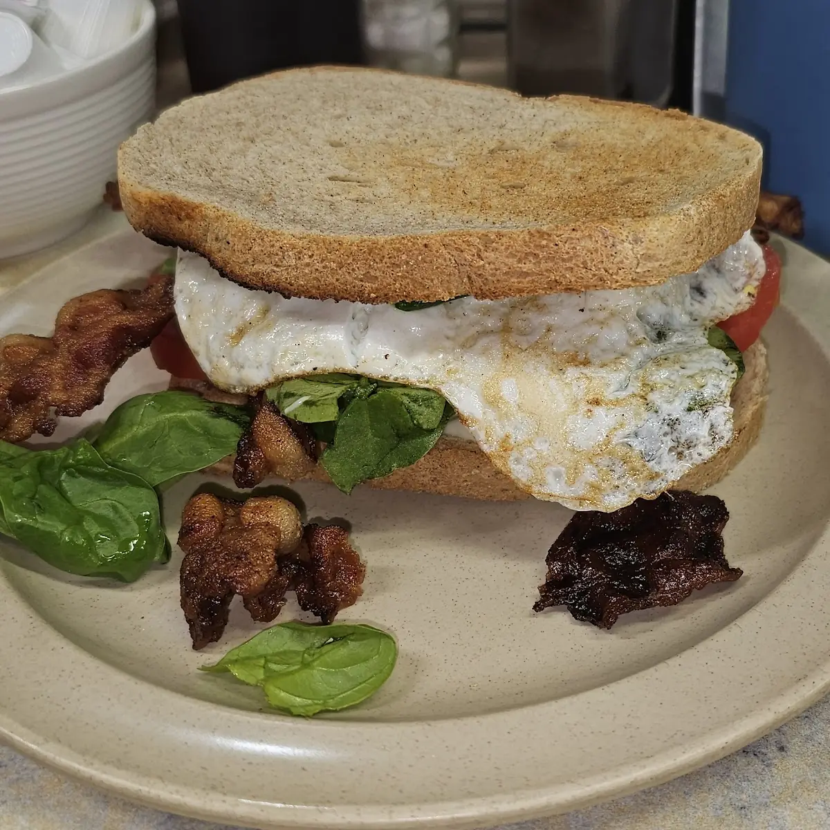 Bacon Egg Spinach Tomato on Rye