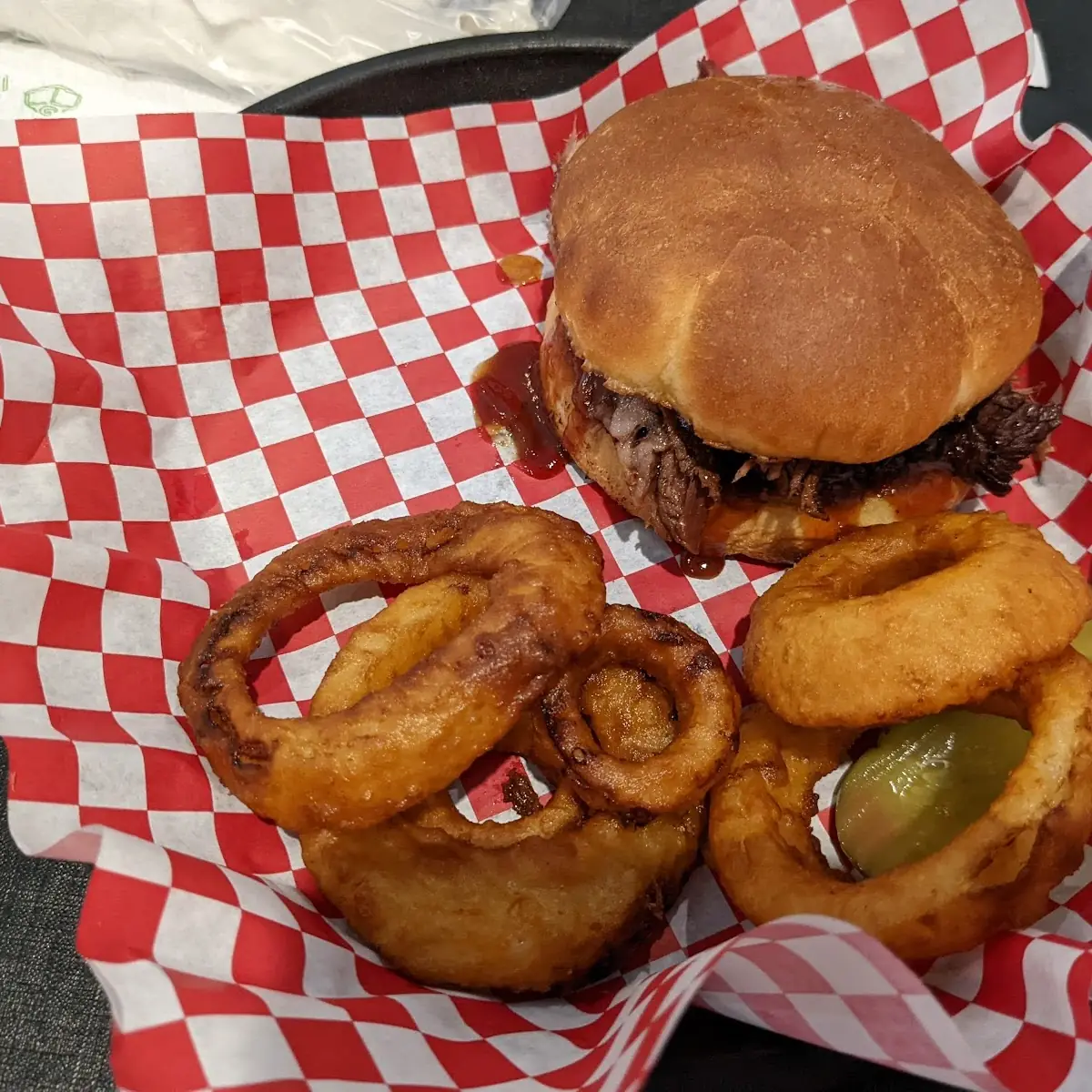 Brisket Sandwich and Onion Rings