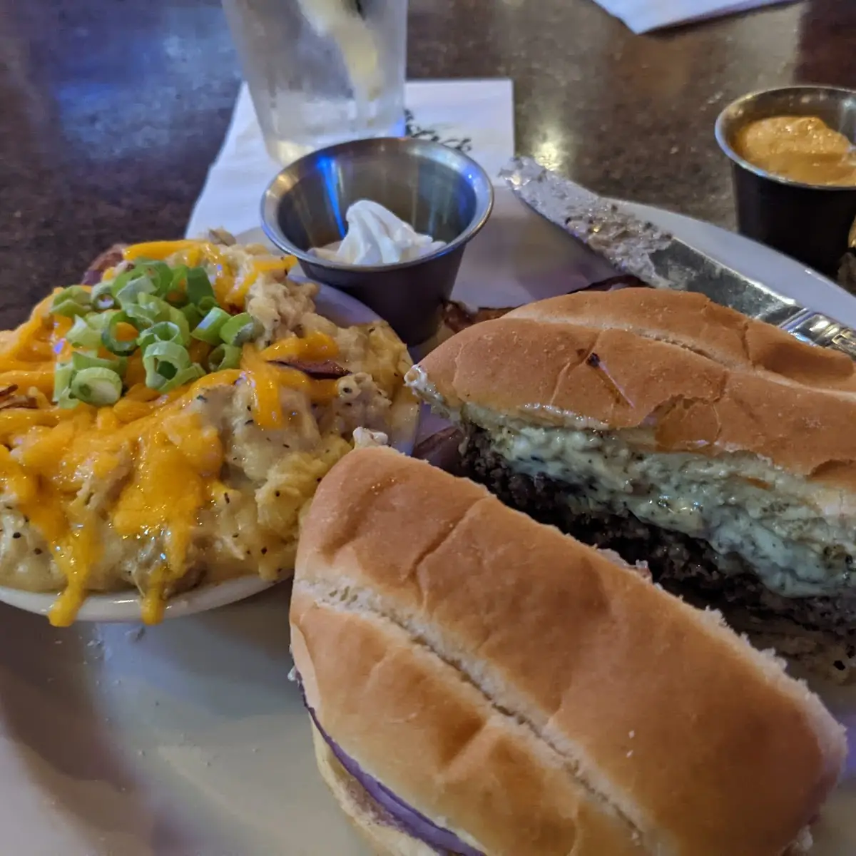 Blues Burger and Loaded Mashed Potatoes