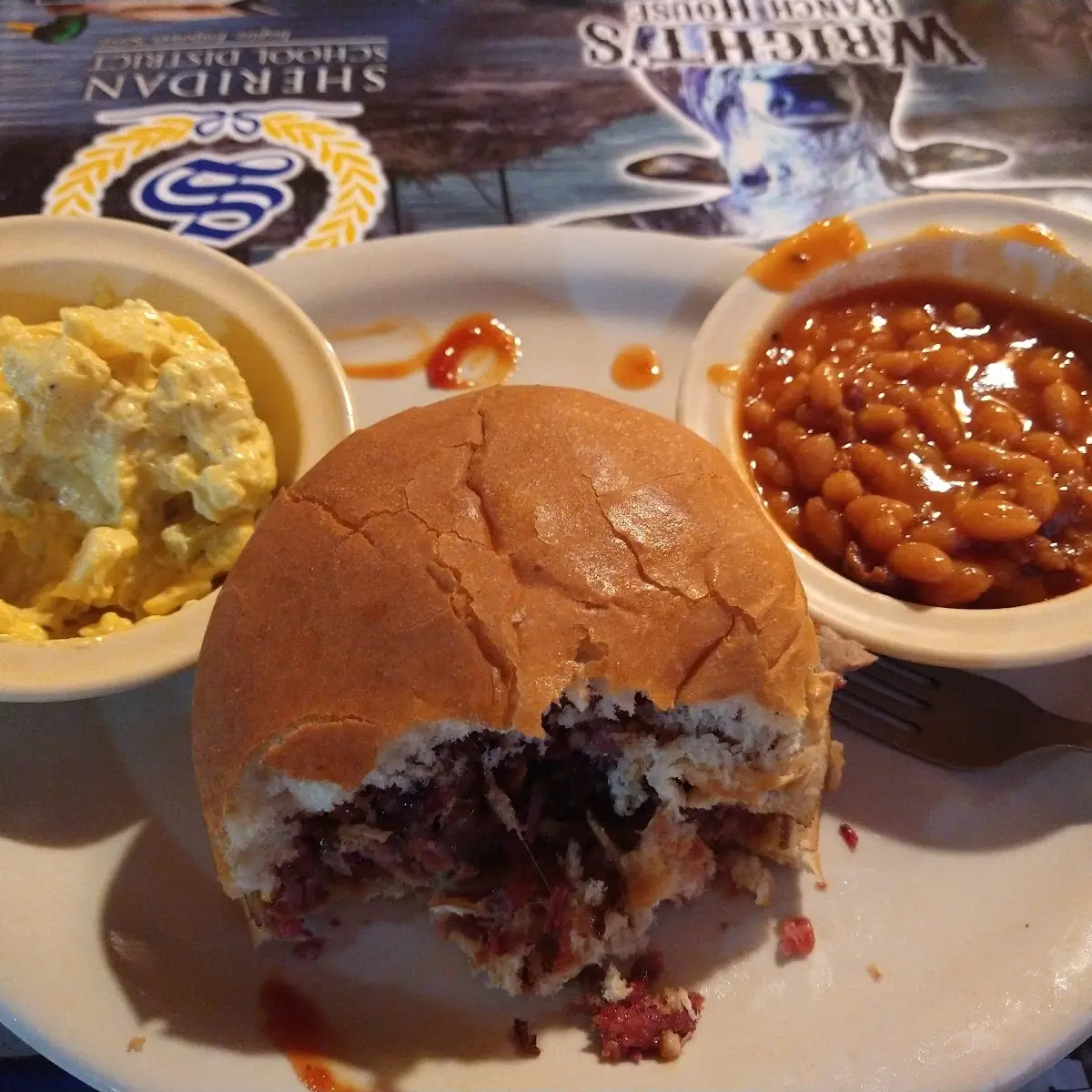 BBQ Beef Sandwich Baked Beans and Potato Salad