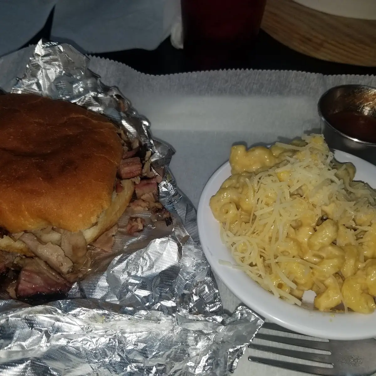 BBQ Pork Sandwich and Mac and Cheese
