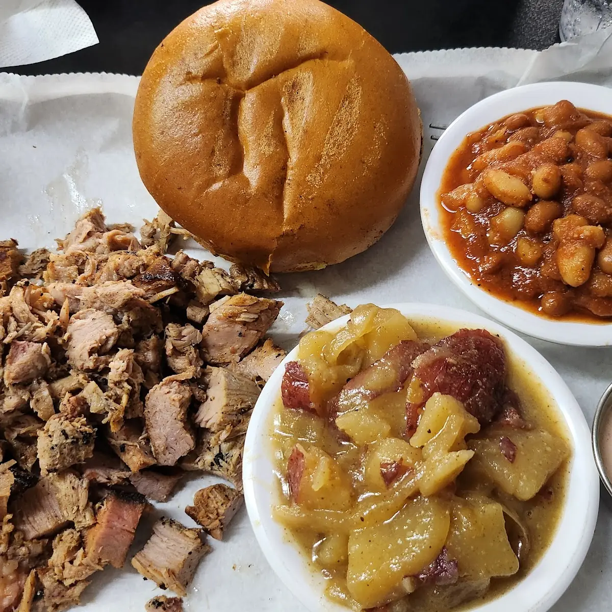 Pulled Pork with Warm Potato Salad and Baked Beans