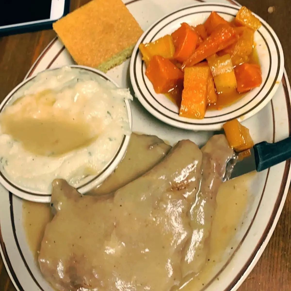 Smothered Pork Chops Yams Cornbread