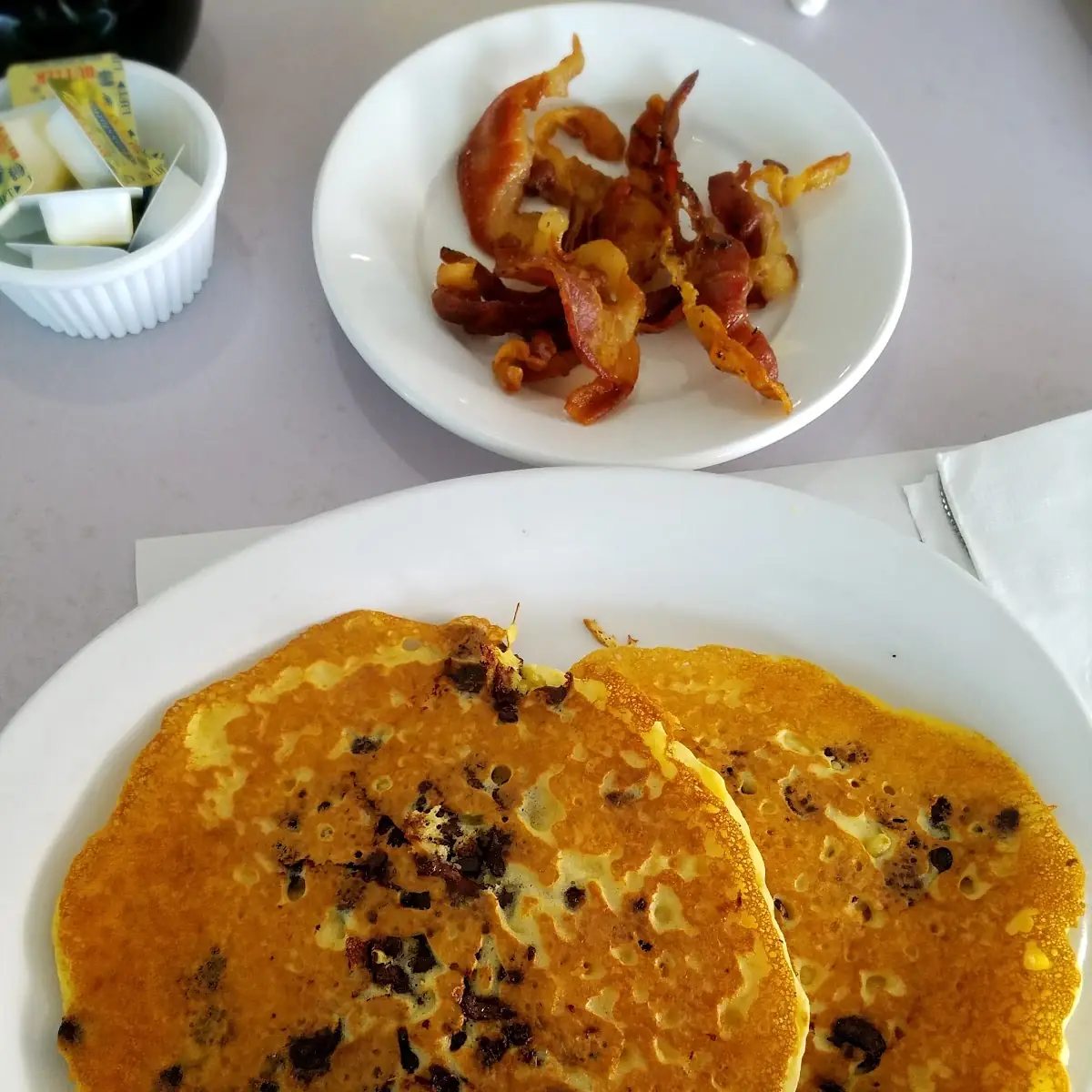 Chocolate Chip Pancakes and Bacon