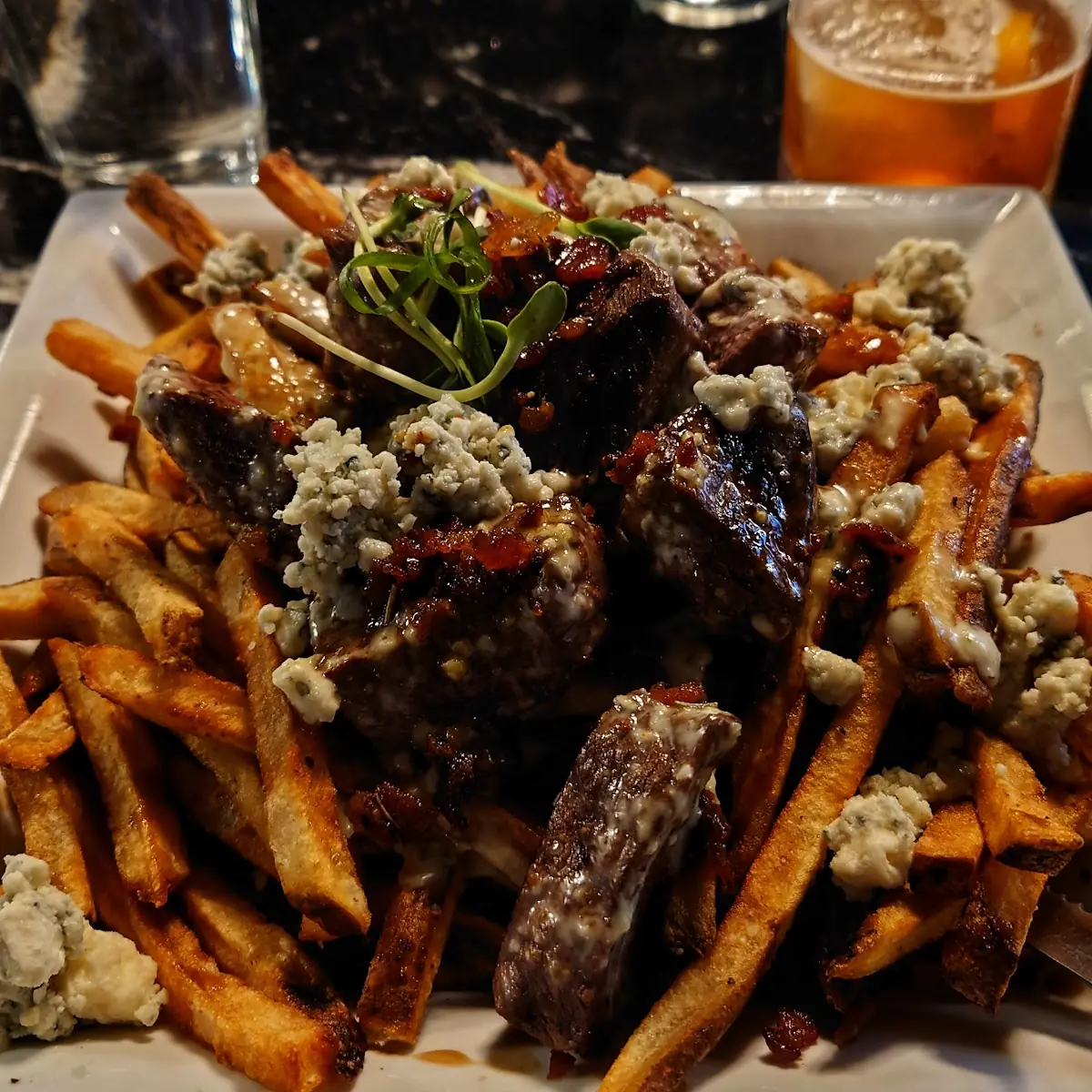 Steak Bites and Fries with Blue Cheese and Bacon